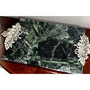 Vintage 1991 Seagull Pewter Grape Green Marble Cutting Charcuterie Board 9"x12"